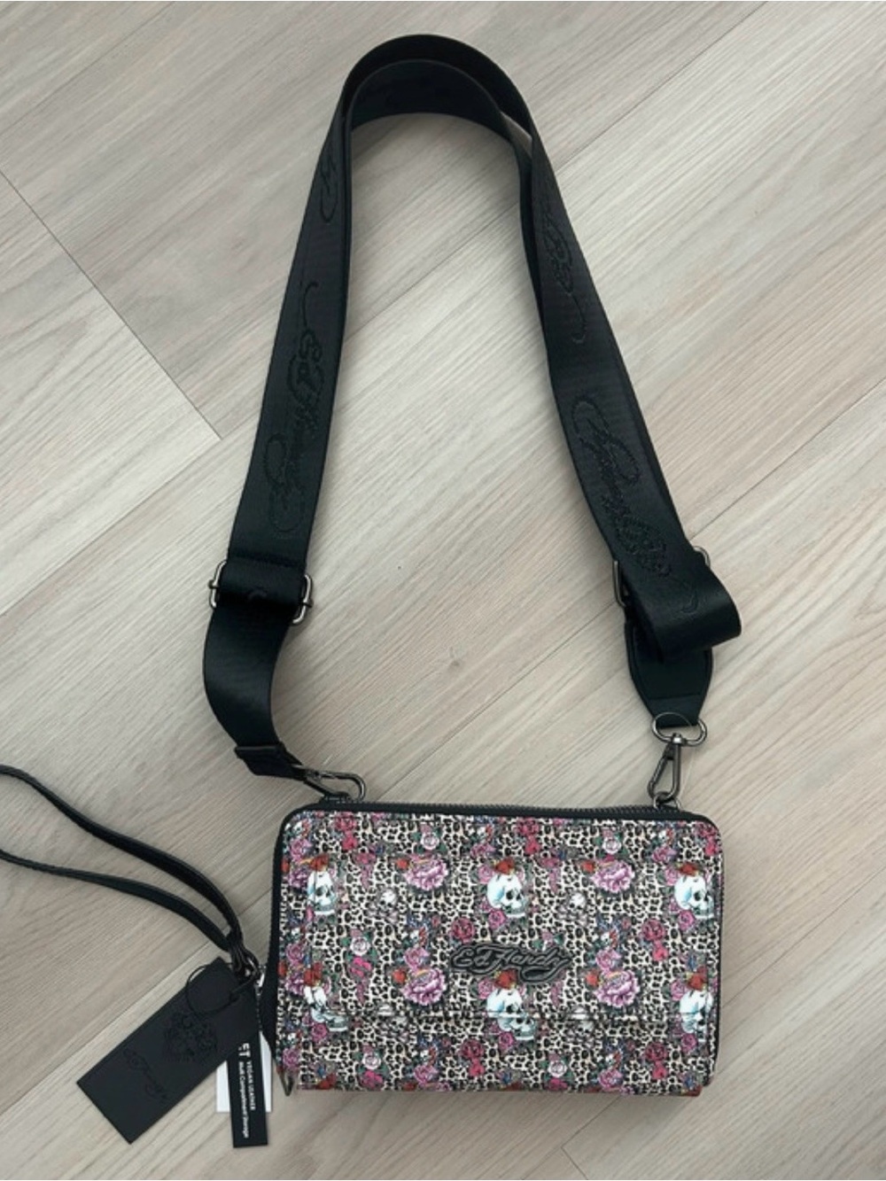 Ed Hardy Pink Floral Leopard Crossbody Wallet with Black Strap